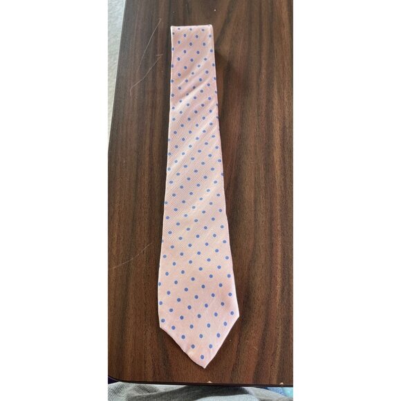 Vintage Men’s  Burt Pulitzer Tie Handmade All 100% Silk Pink With Blue Polka Dot - Picture 1 of 5